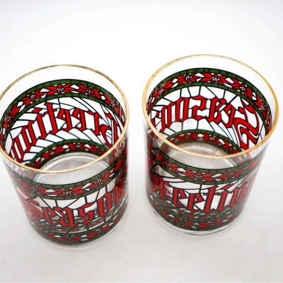 2 Vintage MCM HOUZE “Seasons Greetings” Stained Glass Gold Rimmed Glass - Picture 6 of 6